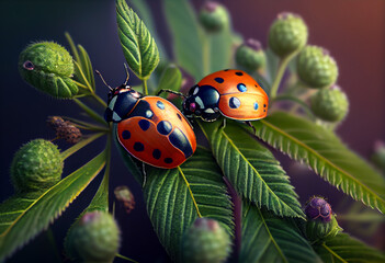 Aufkleber - Beautiful photo Ladybugs concept, contemporary natural social background. Generative AI technology.
