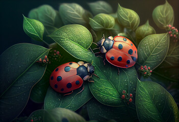 Aufkleber - Beautiful photo Ladybugs concept, contemporary natural social background. Generative AI technology.
