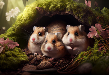 Poster - Beautiful photo Hamsters concept, contemporary natural social background. Generative AI technology.
