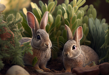 Poster - Beautiful photo Rabbits concept, contemporary natural social background. Generative AI technology.
