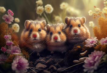 Poster - Beautiful photo Hamsters concept, contemporary natural social background. Generative AI technology.
