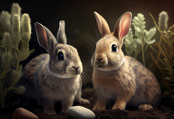 Poster - Beautiful photo Rabbits concept, contemporary natural social background. Generative AI technology.
