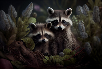 Poster - Beautiful photo Raccoons concept, contemporary natural social background. Generative AI technology.
