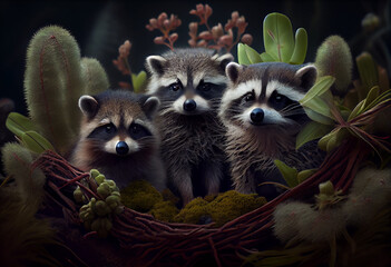 Poster - Beautiful photo Raccoons concept, contemporary natural social background. Generative AI technology.
