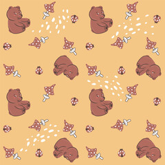 Wall Mural - Cute bears and amanita mushrooms, seamless pattern with vector hand drawn art
