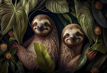 Poster - Beautiful photo Sloths concept, contemporary natural social background. Generative AI technology.
