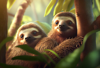 Poster - Beautiful photo Sloths concept, contemporary natural social background. Generative AI technology.
