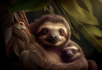 Beautiful photo Sloths concept, contemporary natural social background. Generative AI technology.
