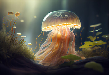 Poster - Beautiful photo Jellyfish concept, contemporary natural social background. Generative AI technology.
