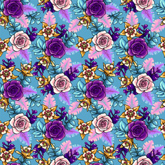 Wall Mural - Purple roses and golden flowers and leaves, seamless pattern with vector hand drawer art
