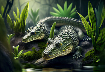Poster - Beautiful photo Alligators concept, contemporary natural social background. Generative AI technology.
