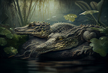 Poster - Beautiful photo Alligators concept, contemporary natural social background. Generative AI technology.
