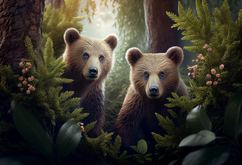 Poster - Beautiful photo Bears concept, contemporary natural social background. Generative AI technology.
