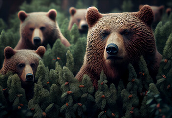 Poster - Beautiful photo Bears concept, contemporary natural social background. Generative AI technology.
