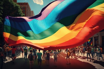 Rainbow colors flag waving over people crowd. LGBT Gay pride concept, Generative AI.