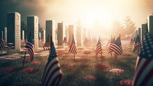 Memorial Day Flags In Grass, Patriotic American Background, Generative AI