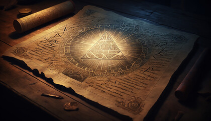 Wall Mural - Mysterious ancient illuminati occult manuscript on wooden table created with Generative AI