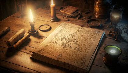 Wall Mural - Mysterious ancient illuminati occult manuscript on wooden table created with Generative AI