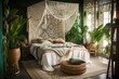 White and green bohemian canopy bed bedroom. Parquet, natural wallpaper, cane ceiling. Rattan and wood. Boho decor,. Generative AI