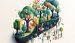 The isometric view showed a thriving environment with lush trees and bustling people. Generative AI