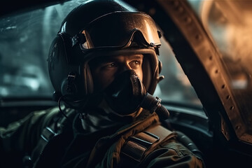Wall Mural - portrait of military pilot in cockpit of a modern fighter. Generative AI