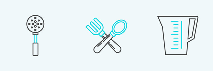 Sticker - Set line Measuring cup, Spatula and Crossed fork and spoon icon. Vector