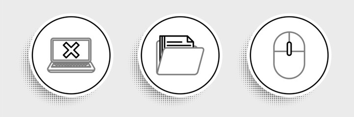 Poster - Set line Computer mouse, Laptop and cross mark on screen and Document folder icon. Vector