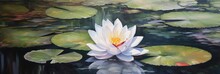 Blooming Beautiful White Water Lily Lotus Flower Drifting In Murky Swamp Pond, Floating Rustic Green Lily Pad Leaves, Spring Season Joy, Artistic Low Angle View - Generative Ai