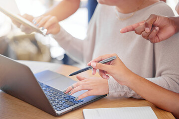 Fototapete - Office hands, laptop and business people teamwork, collaboration or cooperation on brand design, research or planning. Strategy, analysis and busy startup social media manager working on development
