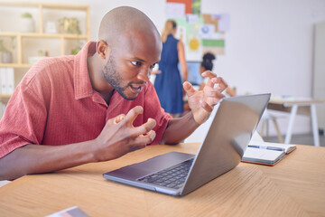 Aufkleber - Office laptop, stress and frustrated black man, web designer or person with design, illustration or digital software problem. Mental health, 404 glitch and male angry over wireframe software error