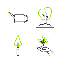 Sticker - Set line Plant in hand of environmental protection, Garden trowel spade or shovel, Tree the ground and Watering can icon. Vector