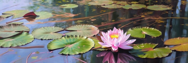 Blooming beautiful pink water lily lotus flower drifting in murky swamp pond, floating rustic green lily pad leaves, spring season joy, artistic low angle view - generative ai