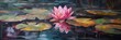 Blooming beautiful pink water lily lotus flower drifting in murky swamp pond, floating rustic green lily pad leaves, spring season joy, artistic low angle view - generative ai