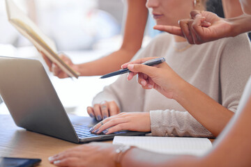 Aufkleber - Office hands, laptop and business people collaboration, teamwork or cooperation on brand design, research or planning. Strategy, analysis and busy startup social media manager working on development