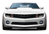 Fototapeta  - Powerful American muscle car in full white color front view. On a transparent background in png format.