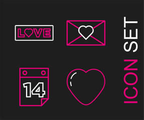 Sticker - Set line Heart, Calendar with February 14, Envelope Valentine heart and Love text icon. Vector