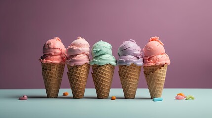 Delicious ice cream cones with different flavors. Generative AI