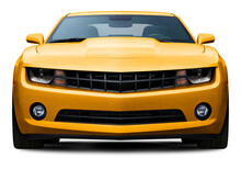 Powerful American Muscle Car In Full Yellow Color Front View. Isolated On A Transparent Background.