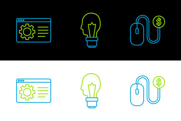 Sticker - Set line Advertising, Browser setting and Light bulb with concept of idea icon. Vector