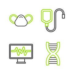 Wall Mural - Set line DNA symbol, Monitor with cardiogram, IV bag and Medical protective mask icon. Vector