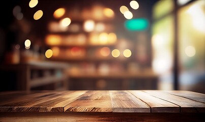 blurred bokeh cafe background. empty wooden table space for your product or coffee
