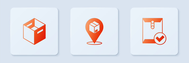 Poster - Set Location with cardboard box, Carton and Envelope and check mark. White square button. Vector