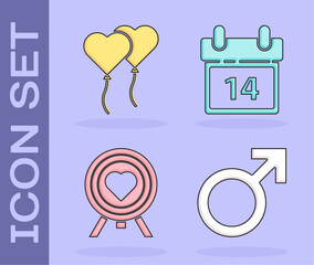 Wall Mural - Set Male gender symbol, Balloons in form of heart, Heart in the center of darts target aim and Calendar with February 14 icon. Vector