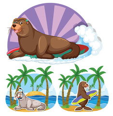 Sticker - Sea Lion and Seal Cartoon Characters in Summer Theme