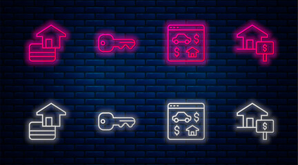 Sticker - Set line House key, Online real estate, Credit card and with dollar. Glowing neon icon on brick wall. Vector