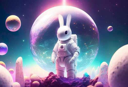 Wall Mural - Rabbit wear astronaut suit in space to find easter eggs. Hidden easter eggs in space. (Generative AI)