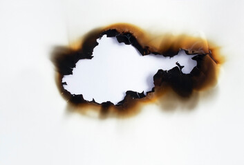 burned hole on a white paper background