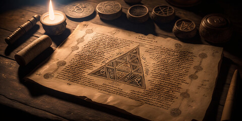 Wall Mural - Mysterious ancient illuminati occult manuscript on wooden table created with Generative AI