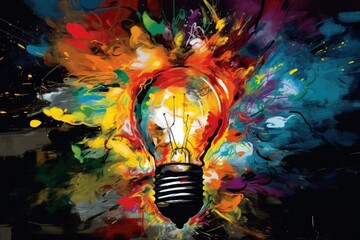 Poster - Lightbulb eureka moment with Impactful and inspiring artistic colourful explosion of paint energy, generative ai