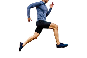 Poster - close up male runner running side view on transparent background, blue long sleeve shirt and black tights, sports photo